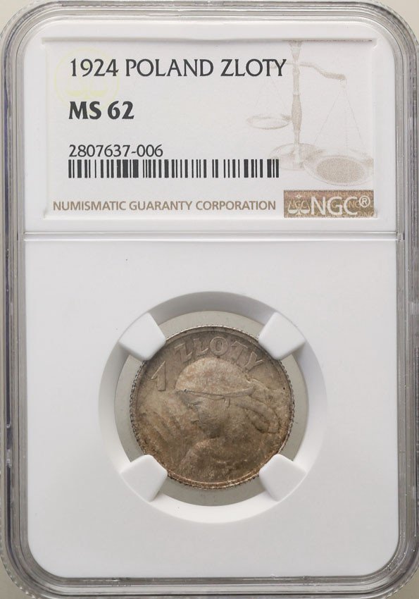 II RP. 1 złoty 1924 Paryż NGC MS62